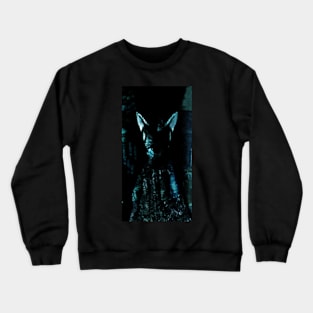 Digital collage, special processing. Strong, muscular men figure, arabian skirt, dark room. Demon. Light blue. Crewneck Sweatshirt